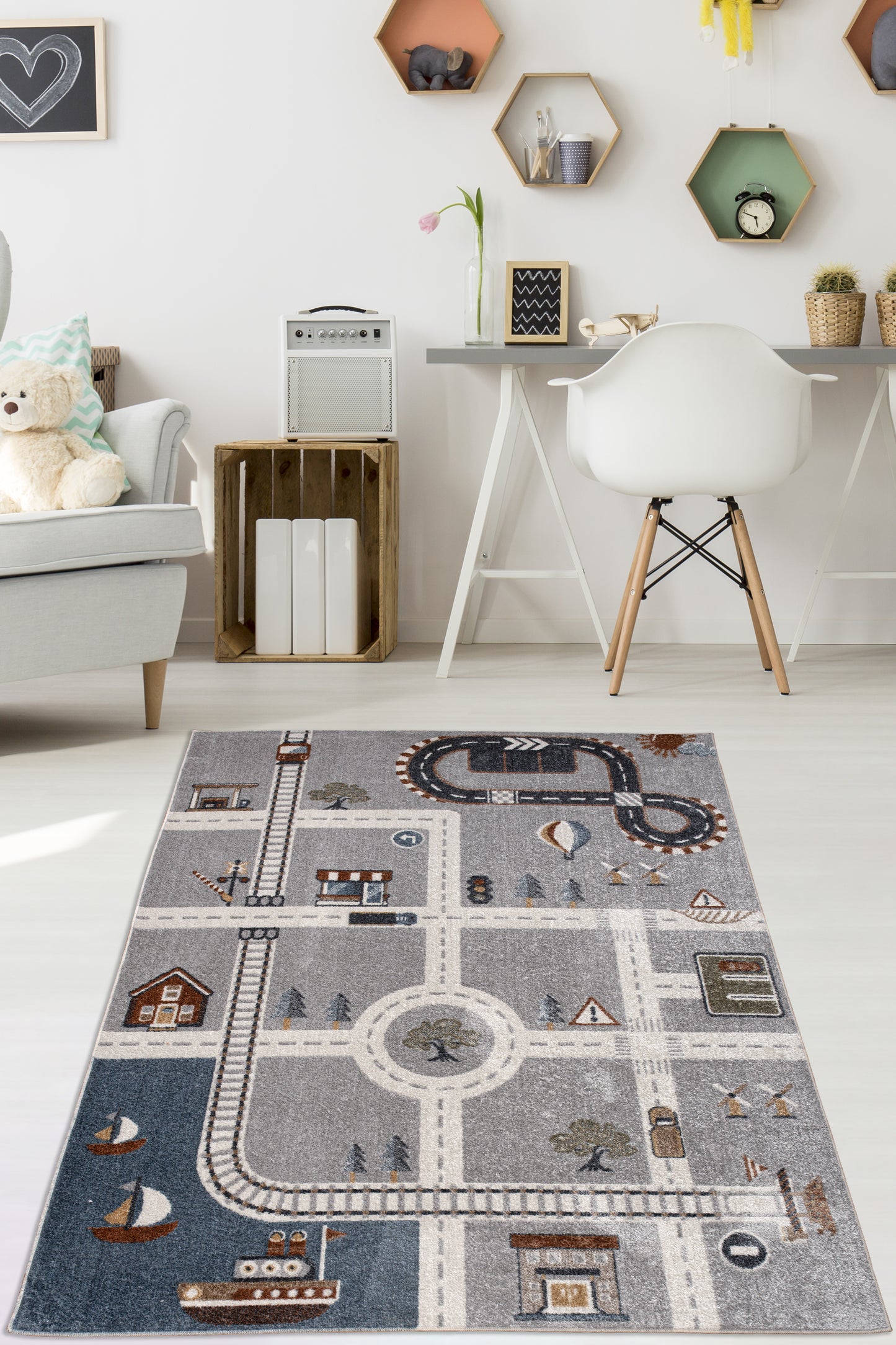 blue grey machine washable cars and roads kids nursery play room area rug 6x8, 6x9 ft Living Room, Bedroom, Dining Area, Kitchen Carpet