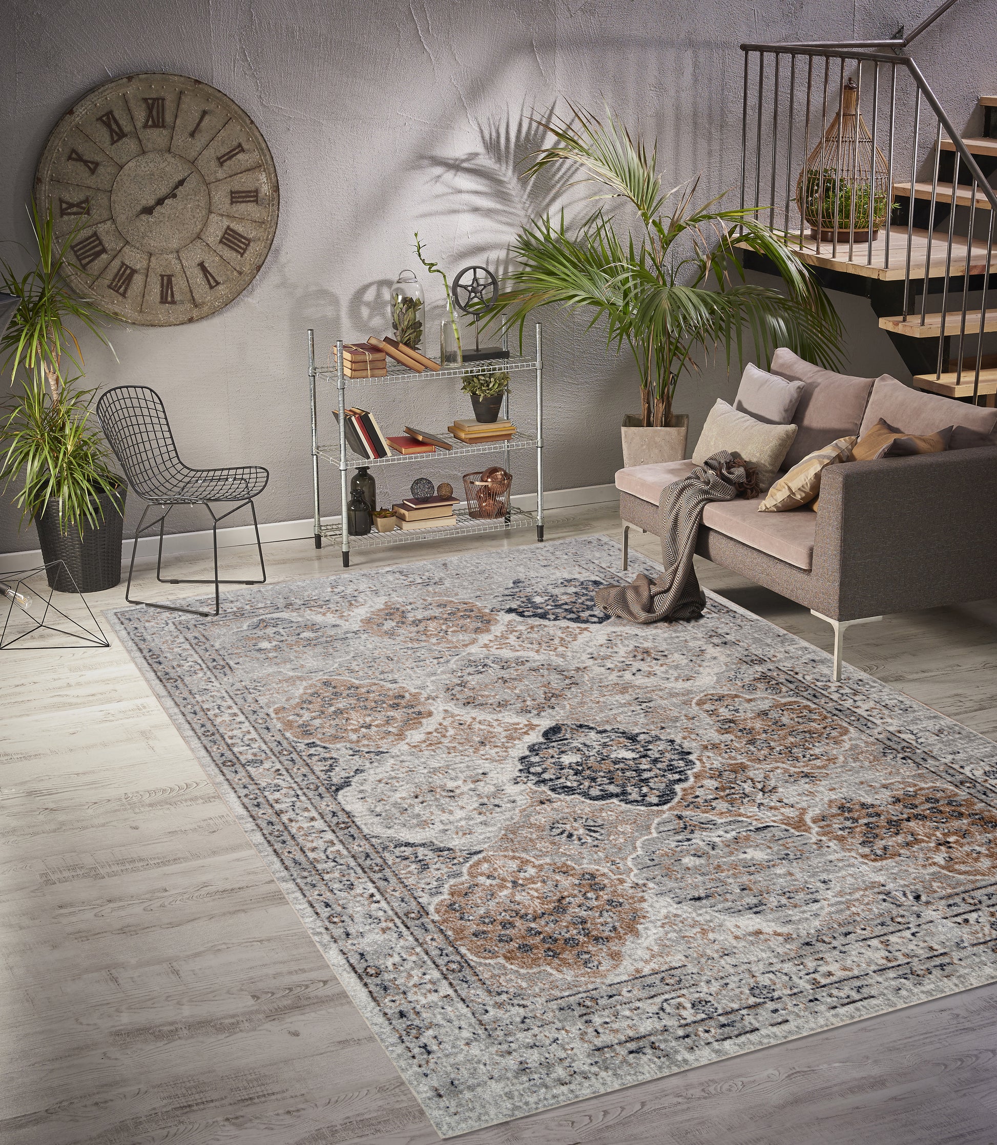 blue ivory brown machine washable boho traditional area rug for living room bedroom 6x8, 6x9 ft Living Room, Bedroom, Dining Area, Kitchen Carpet