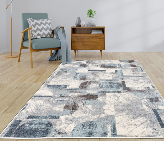blue brown ivory geometric abstract rustic modern contemporary living room area rug 2x5, 3x5 Runner Rug, Entry Way, Entrance, Balcony, Bedside, Home Office, Table Top