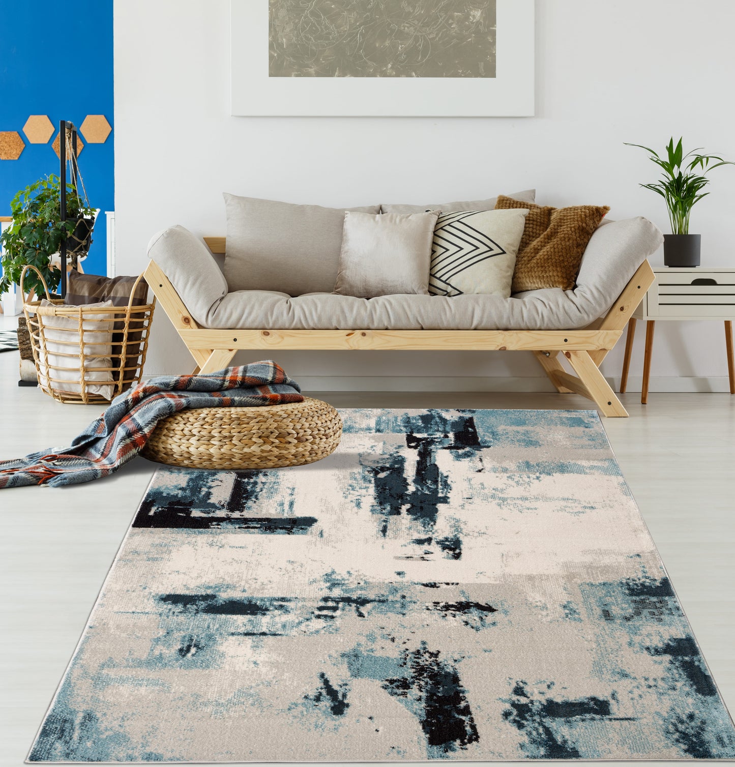 la dole rugs light dark blue beige rustic pattern abstract modern minimalistic area rug 6x8, 6x9 ft Living Room, Bedroom, Dining Area, Kitchen Carpet