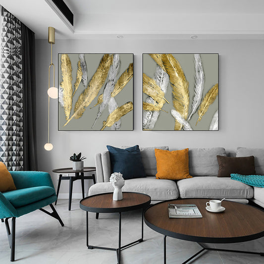 Ladole Modern Canvas Golden and White Feather Wall Art