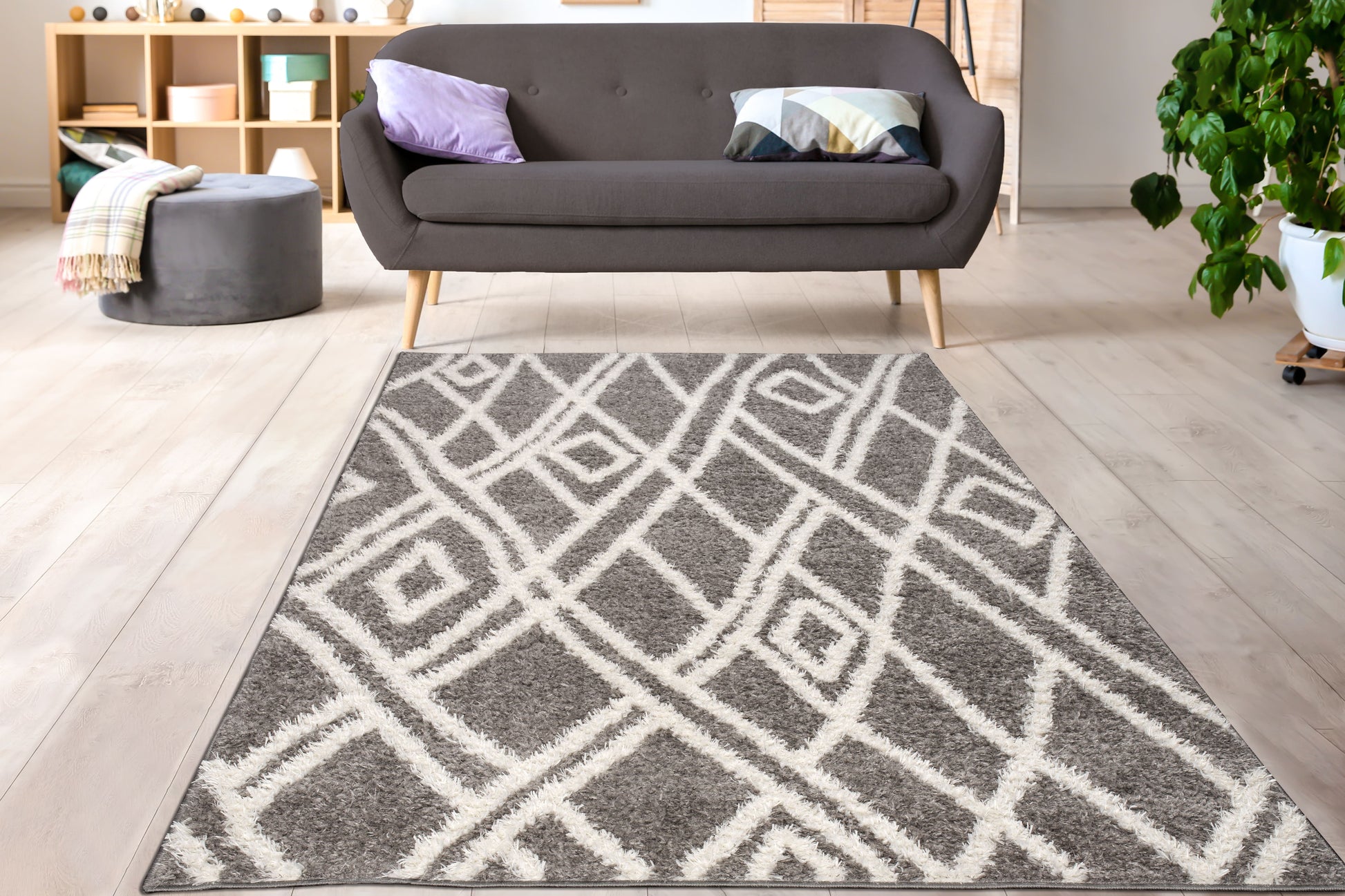 grey off white abstract fluffy shaggy area rug for living room bedroom 2x5, 3x5 Runner Rug, Entry Way, Entrance, Balcony, Bedside, Home Office, Table Top