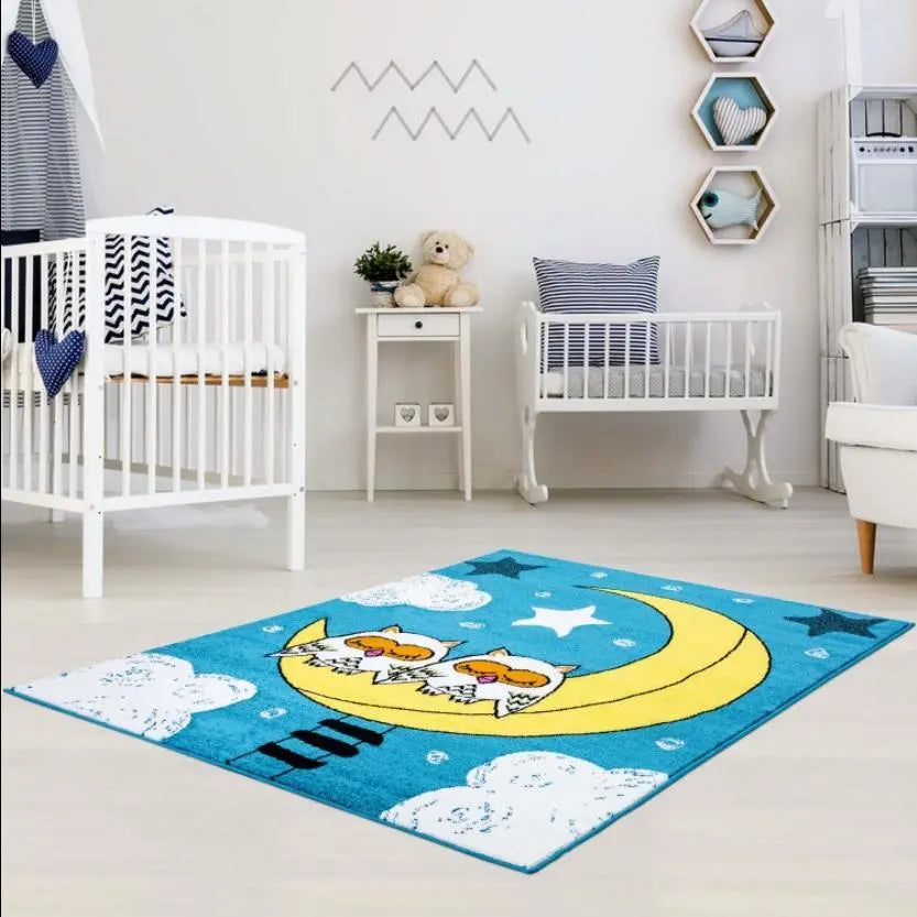 Kids Owl Moon Area Rug, Owl Moon Pattern Kids Playroom Rug, Boy Nursery ...
