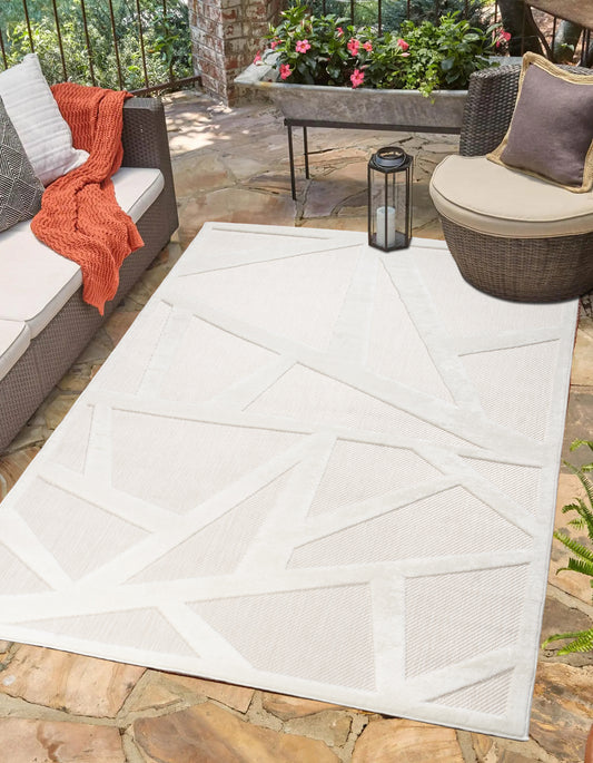 cream beige geometric modern minimalist contemporary outdoor indoor area rug carpet for patio porch dining area balcony living room bedroom 2x5, 3x5 Runner Rug, Entry Way, Entrance, Balcony, Bedside, Home Office, Table Top