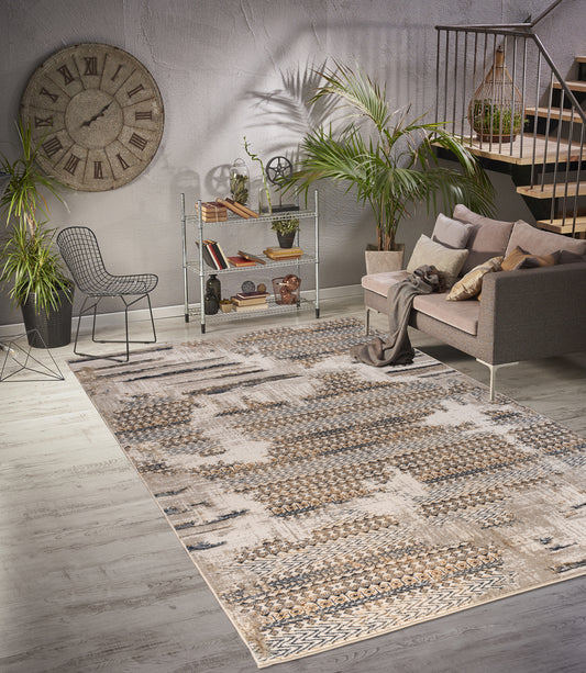 Beige Brown Grey Metalic Abstract Rustic Modern Contemporary Area Rug