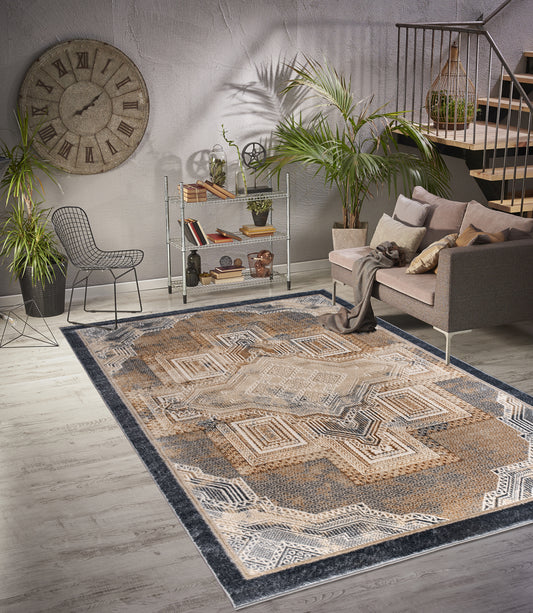 Beige Brown Silver Grey Metalic Traditional Geometric Contemporary Area Rug