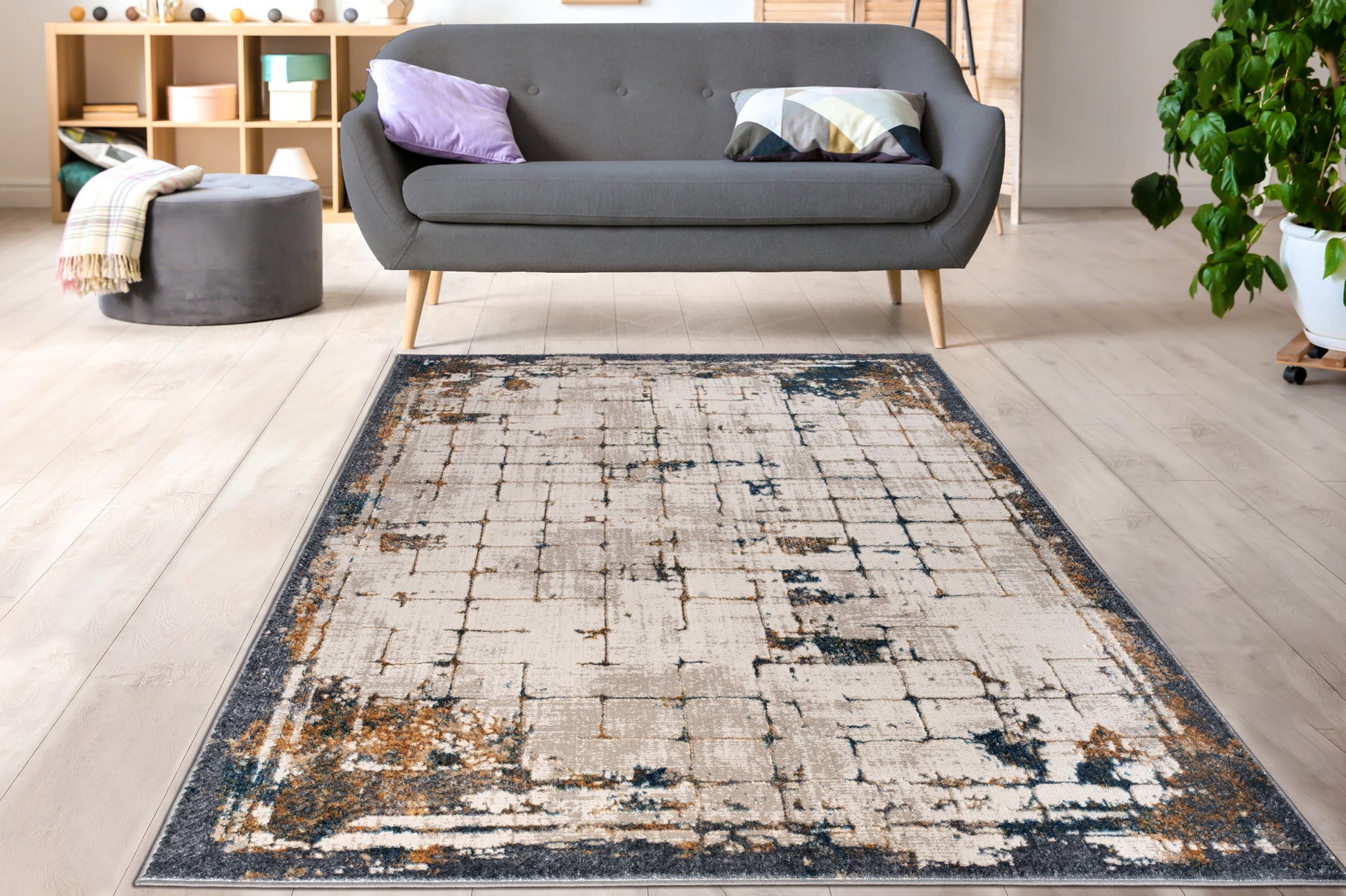 beige brown silver blue metalic abstract modern contemporary minimalistic bordered area rug 4x6, 4x5 ft Small Carpet, Home Office, Living Room, Bedroom