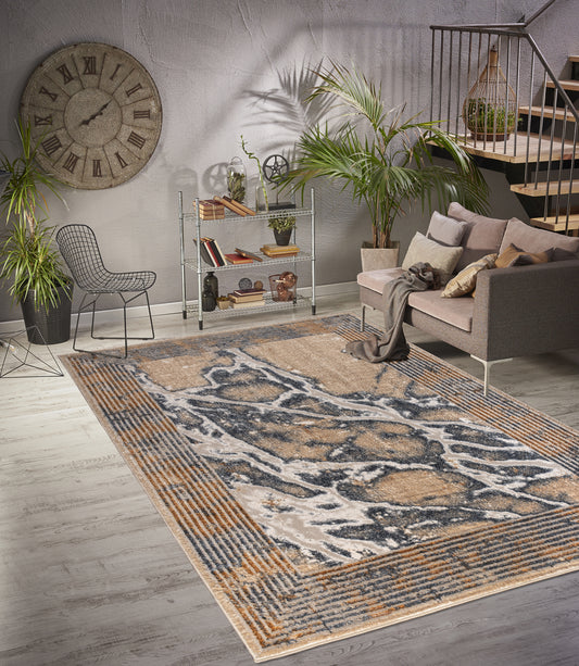 Beige Brown Grey Metalic Abstract Modern Contemporary Marble Pattern Bordered Area Rug