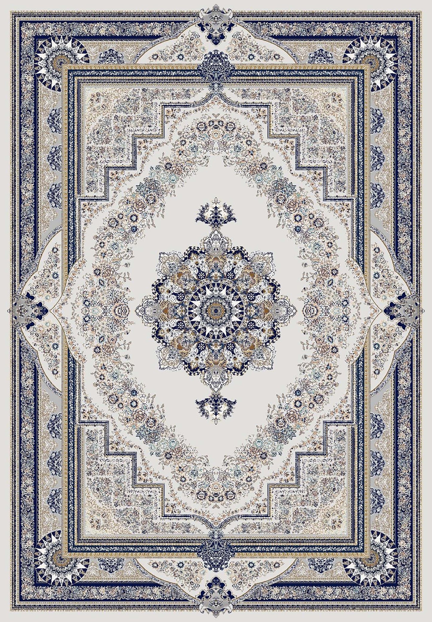 Traditional Blue and Grey Flat Pile Area Rug