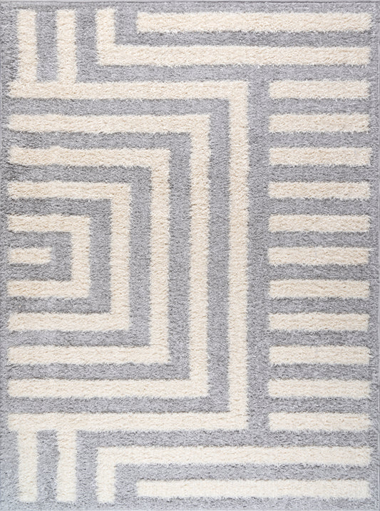 Grey Off White Straped Fluffy Shaggy Minimalistic Area Rug For Living Room, Bedroom